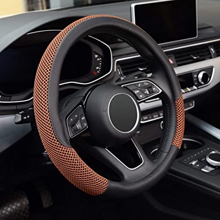 KAFEEK Steering Wheel Cover, Universal 15 inch, Microfiber Leather Viscose, Breathable, Anti-Slip,Warm in Winter and Cool in Summer, Black&Brown