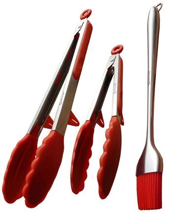 JON CHEF Kitchen Cooking Stainless Steel Tongs with Red Silicone Tips (9 Inch and 12 Inch) and Grill BBQ Sauce Brush with Stainless Steel Handle (12 Inch) , Pack of 3
