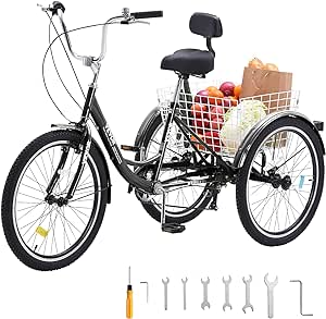 VEVOR Adult Tricycles Bike, 7 Speed Adult Trikes, 26 Inch Three-Wheeled Bicycles, Carbon Steel Cruiser Bike with Basket and Adjustable Seat, Picnic Shopping Tricycles for Seniors, Women, Men (Black)