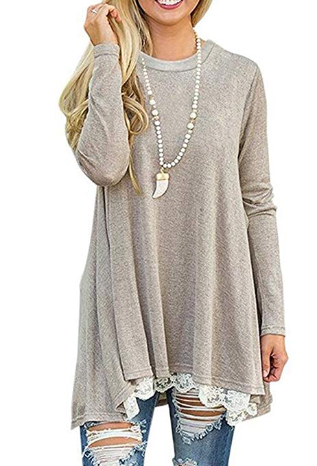 Rdfmy Women's Lace Long Sleeve Tops Casual Round Neck Top Blouses