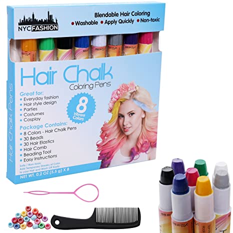 Hair Chalk Pens Set of 8 Colors -Safe for Hair & Skin, Comb, Beads, Hair Beading Tool for Braids - Add Flair of Colorful Streaks to Your Hair (Plain Colors) (Metallic Colors)