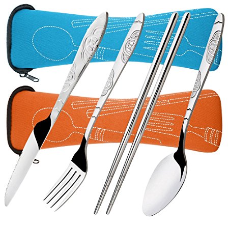 8 Pieces Flatware Sets Knife, Fork, Spoon, Chopsticks, SENHAI 2 Pack Rustproof Stainless Steel Tableware Dinnerware with Carrying Case for Traveling Camping Picnic Working Hiking(Orange,Light Blue)