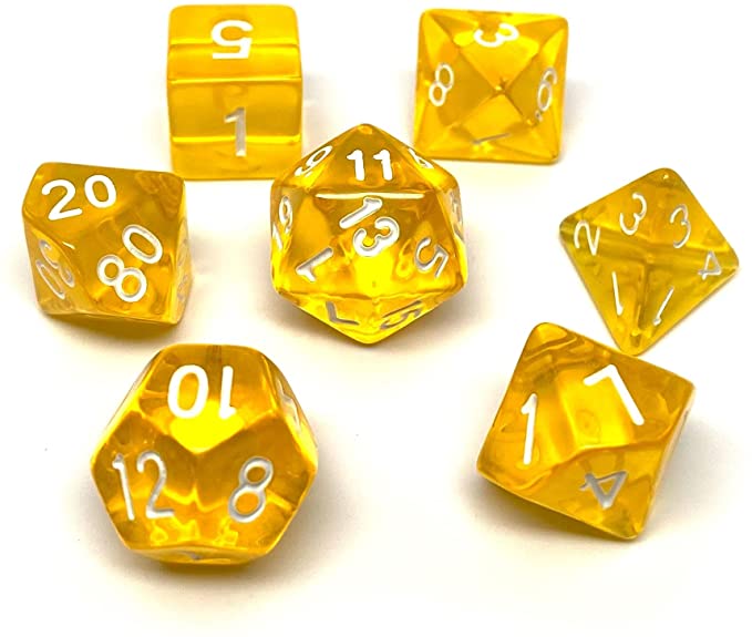 Translucent Polyhedral Dice Set - 7 Piece Dice Set with One D20, D12, D10, D8, D6, D4, and D00 (Yellow with White Font)