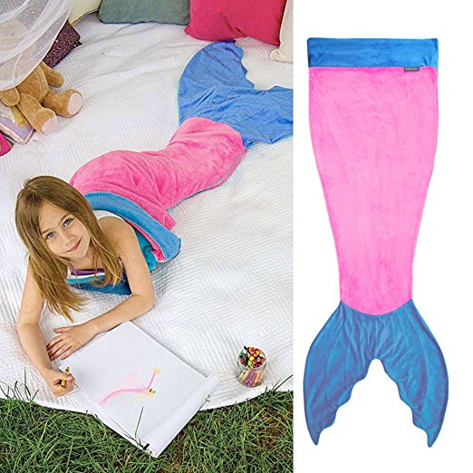 Kids Mermaid Tail Blanket EZYKOO Super Soft Warm Comfy Tail Mermaid Blanket Throw Plush Fleece Fabric Blanket Sleeping Bag for 3-12 Years Old Children