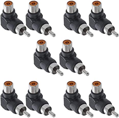 Cmple - 10 Pack RCA Male to RCA Female 90 Degree Connectors Right Angle Plug Adapters M/F 90 Degrees Elbow - RCA Male to Female Coupler L Shape Right Angle RCA Adapter Plug Extender