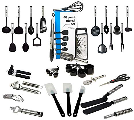 Essential 40 Piece Kitchen Utensil Cookware Set - Nylon & Stainless Steel tools, Includes Peeler, Spatulas, Garlic Crusher, Measuring Spoons & more