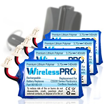 Wireless Pro® Premium Replacement Rechargeable 140mAh 3.7V Battery for Plantronics CS540, CS540A and CS540-XD Wireless Headsets 86180-01 PL-86180-01 & 84479-01 - 4PK