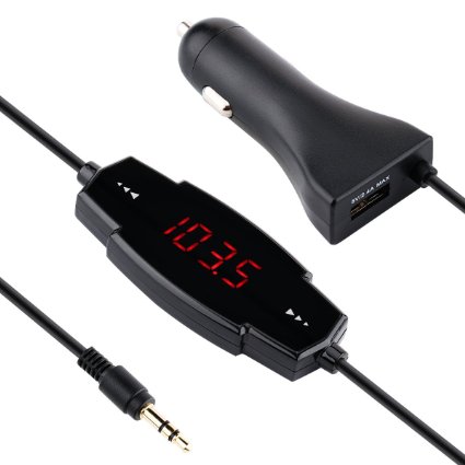 FORE® Wireless FM Transmitter Radio Adapter with 3.5mm Audio Plug and USB Charger Port Color Black