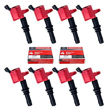 Set of 8 Motorcraft SP515 SP546 Spark Plugs & 8 Red Straight Boot Ignition Coils DG511 for Ford Lincoln Mercury V8 V10 4.6l 5.4l 6.8l Compatible with 3L3E12A366CA 5C1584 C1541 FD-508 DG511 RED DG-511
