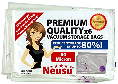 Neusu Vacuum Storage Bags - Premium Quality 80 Micron Compression Space Saving Bags - 6 Pack (Large 80x60cm, 6 pack)