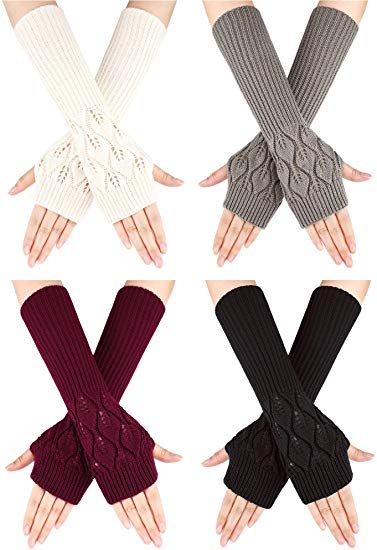 4 Pairs Winter Long Fingerless Gloves Knitted Wrist Arm Warmers Thumb Hole Gloves