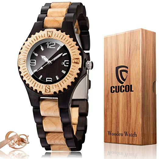 CUCOL Women's Black White Sandal Wood Watch Analog Quartz Lightweight Date Display Handmade Wristwatch with Gift Box