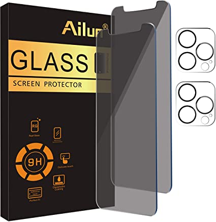 Ailun 2 Pack Privacy Screen Protector Compatible for iPhone 12 Pro Max[6.7 inch]   2 Pack Camera Lens Protector,Anti-Spy Tempered Glass Film,[9H Hardness] - HD