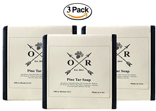Oliver Rocket Pine Tar Soap (3 bar set) - 5 ounces each - Mens Face and Body Exfoliating Black Soap Bar with Pine and Activated Charcoal - Handmade in USA with Coconut, Hemp, and Olive Oils