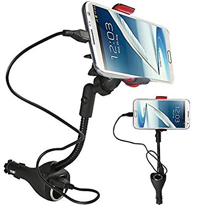 Eximtrade Universal 3in1 Adjustable 360° Rotation Phone Holder Car Mount Cradle with Cigarette Lighter DC Port and Dual USB Ports 2.1A Charger for Apple iPhone 6/6s/6 Plus/6s Plus/7/7 Plus, Samsung Galaxy S6/S6 Edge/S6 Edge Plus and other Smartphones (Micro USB Cable included)
