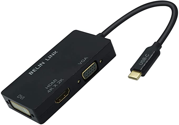BELIN LINK USB-C(Thunderbolt 3) to HDMI VGA DVI Adapter, Type C to HDMI VGA DVI Gold-Plated Connector 3 in 1video Adapter, for Huawei Mate 10/MacBook Pro/Dell XPS 13/Chromebook Pixel(Black)