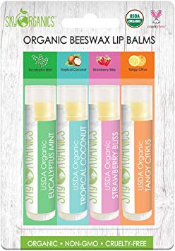 USDA Organic Flavored Beeswax Lip Balms (4 Tubes) Eucalyptus Mint, Tropical Coconut, Strawberry, Tangy Citrus – Beeswax Coconut Oil Vitamin E Lip Butter Chapstick for Dry Lips - For Adults & Kids