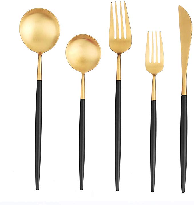 Artthome 20-Piece 18/10 Stainless Steel Flatware Silverware Dinnerware Set Cutlery Tableware Include Knife Fork Spoon (Gold and Black Matte)