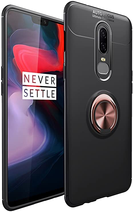 iCoverCase for OnePlus 6 Case,[Invisible Matal Ring Bracket][Magnetic Support] Shockproof Anti-Scratch Ultra-Slim Protective Cover Case with Kickstand for OnePlus 6 (Rose Gold Black)