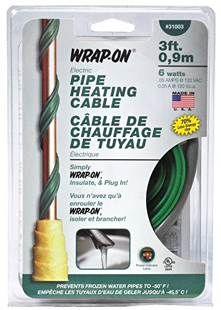 WRAP-ON Pipe Heating Cable - 3-Feet, 120 Volt, Built-in Thermostat, Low Wattage - 31003