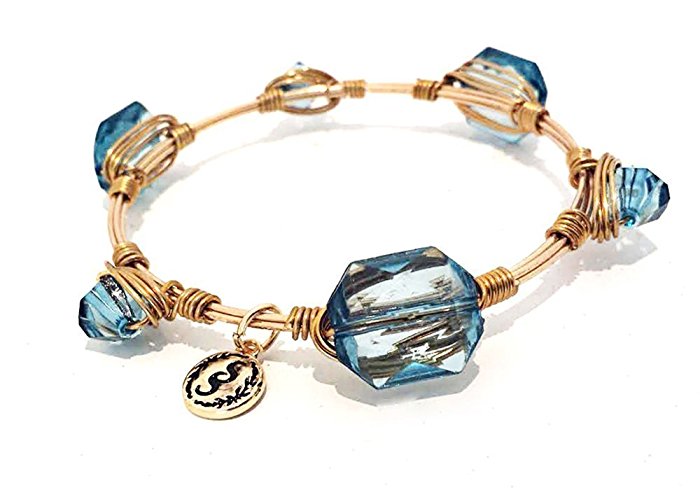 Gold Wire Wrap Single Stacking Bangle with Teal Crystals Bracelet for Women