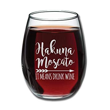 Hakuna Moscato It Means Drink Wine Funny Stemless Wine Glass 15oz - Unique Christmas Gift Idea for Her, Mom, Wife, Girlfriend, Sister, Grandmother, Aunt - Perfect Birthday Gifts for Women
