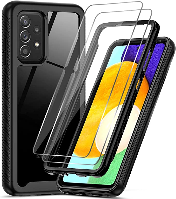 LeYi Compatible with Samsung A52 Case, Samsung Galaxy A52 Case with Tempered Glass Screen Protector [2 Pack], Full-Body Rugged Hybrid Bumper Shockproof Clear Phone Cover Case for Samsung A52 5G, Black