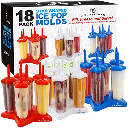 U.S. Kitchen Supply Jumbo Set of 18 Star Shaped Ice Pop Molds - Sets of 6 Red, 6 White & 6 Blue - Reusable USA Colored Ice Pop Makers - Fill, Freeze & Serve Healthy Kids Treats