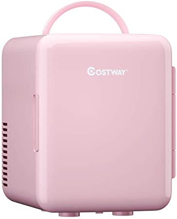 COSTWAY Mini Fridge, 4 Liter Portable Makeup Skincare Mini Cooler with Ergonomic Handle, AC/DC Powered, Fast Cooler and Warmer for Cars, Homes, Offices, and Dorms (Pink)