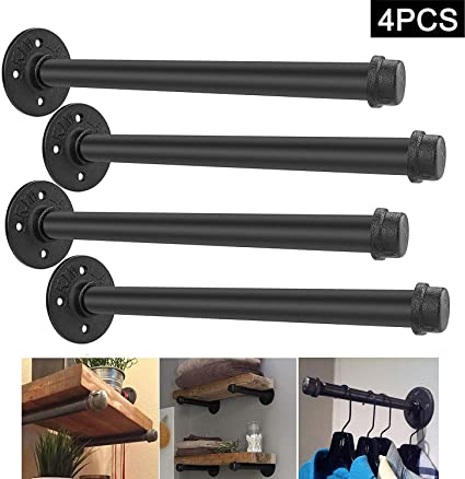 Rustic Pipe Decor Industrial Shelf Brackets – Set of 4, Industrial Steel Grey Fittings, Flanges, Pipes for Custom Floating Shelves, Vintage Furniture Decorations, Wall Mounted DIY Bracket (12 Inch)
