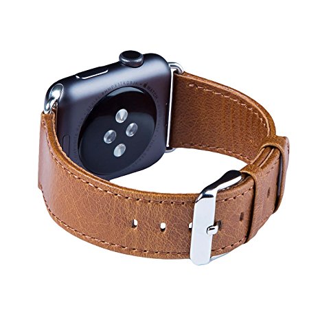 Apple Watch Strap, FUTLEX - 42mm Genuine Leather Wrist Band Replacement Straps w/ Classic Stainless Steel Buckle (Adapters Included) for Apple Watch Series 1 & 2 - Brown Colour - Unique Heritage Style Leather Straps - Slim Design