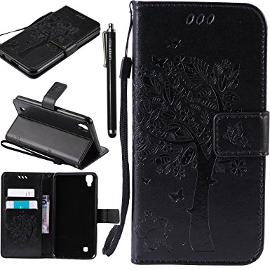 LG X Power Case, LG K6P Case, Linkertech [Kickstand Feature] PU Leather Wallet Flip Pouch Case Cover with Wrist Strap & Card Slots for LG X Power (Black)