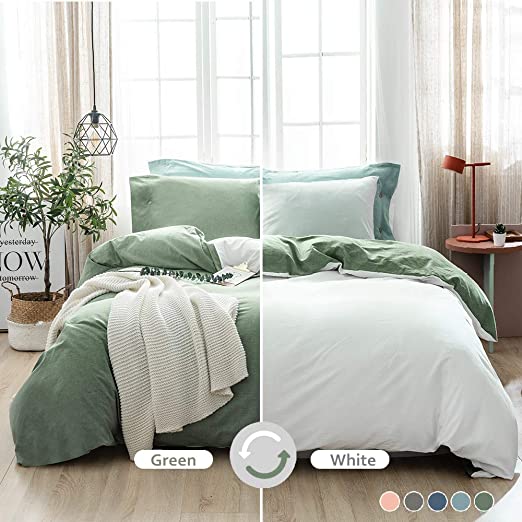 MILDLY 100% Washed Cotton Soft Duvet Cover Set King, Reversible White and Mineral Green Solid Color Ruffle Seersucker Casual Design Includes 2 Pillow Cases and 1 Duvet Cover with Zipper & Corner Ties