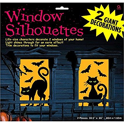 Amscan Cats and Bats Window Silhouette Halloween Trick Or Treat Decoration (2 Piece), Black/Orange, 65" x 33 1/2"