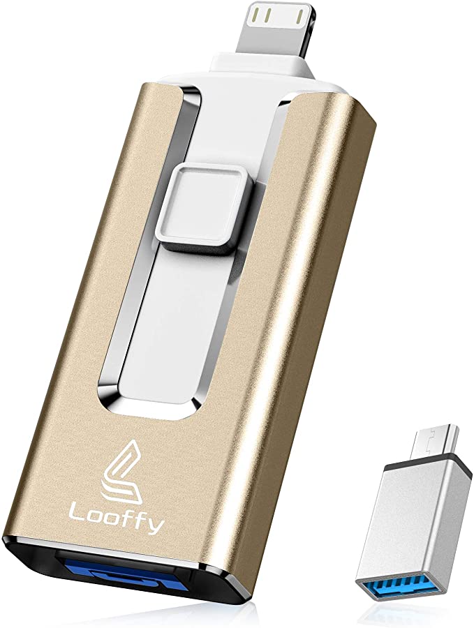 USB Flash Drive Compatible iPhone, 4 in 1 Memory Stick Looffy USB 3.0 Type C Thumb Drive for Photos, iOS Photostick Mobile External Storage Compatible with iPhone/Macbook/iPad/OTG Android/PC 32GB Gold