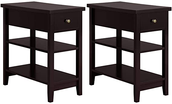 Yaheetech 3 Tier Sofa Side End Table with Double Shelves 1 Drawer - Nightstand Coffee Table for Living Room, Set of 2, Espresso