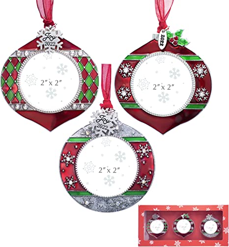 GUOER 3PCS Christmas Tree Snowflake Picture Frame Ornaments Set Holiday Keepsake Gift Home Decor Christmas Decorations Xmas Gifts Pendant with 2” Photo Frame Insert (Red&Green 2022)