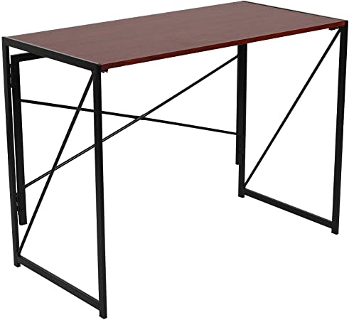 Foldable Computer Table Easy Assembly Study Desk Writing Table Industrial Style for Home or Office; Cherry Desk and Black Frame; 3.28 x 1.64 x 2.46 Feet (LxWxH)