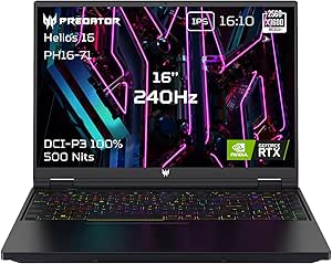 Acer Predator Helios 16 PH16-72-99UU, Ordinateur Portable Gaming 16" WQXGA IPS 240 Hz, PC Portable Gamer (Intel Core i9-14900HX, RAM 32Go, 2To SSD, NVIDIA GeForce RTX 4080, Windows 11) - Noir