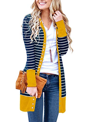 MEROKEETY Women's V Neck Striped Long Sleeve Snap Button Down Ribbed Contrast Color Cardigan