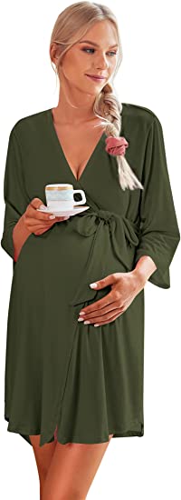 eshion Women Maternity Robes 3/4 Sleeve Breastfeeding Bathrobe Soft Labor Delivery Nursing Gown with Pockets S-XXL