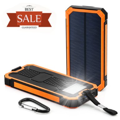 Solar Cell Phone Charger Grandbeing 15000mAh Solar Power Bank Portable Dual USB Outdoor External Battery Pack for iPhone Samsung HTC Nexus Smartphone Gopro Camera GPS and Tablets Orange