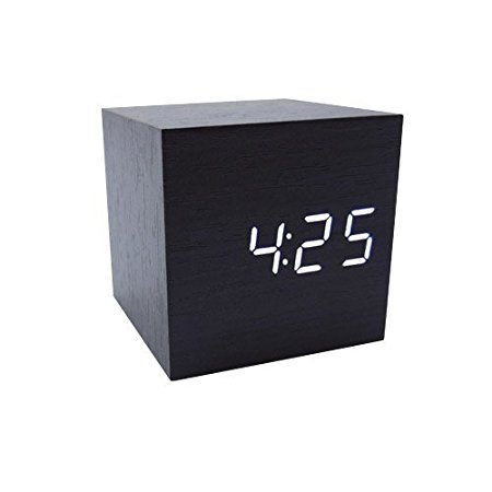 Cube Wood LED Digital Alarm Clock - Time Temperature Date Function - Sound Control - Latest Innovation