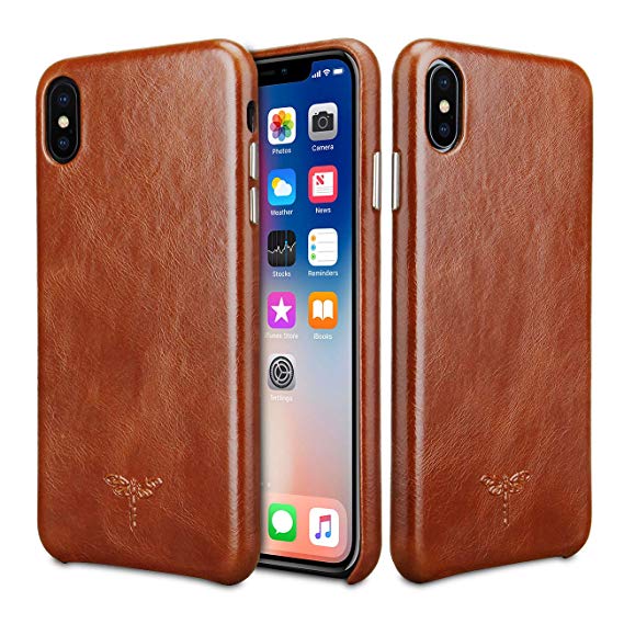 iPhone Xs MAX Case FRIFUN Genuine Leather Hard Back Case Thin Fit Snap Case Excellent Grip for iPhone Xs MAX 6.5 inch Case (Dark Brown)