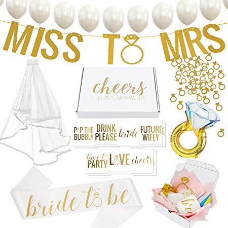 Bachelorette Party Decorations Kit//Bridal Shower Supplies   Cheers Gift Box: Veil & Bride-to-Be Sash, Bridal Tattoo Collection, Gold Ring Confetti, Diamond Ring Balloon   12 Pearl Latex Balloons