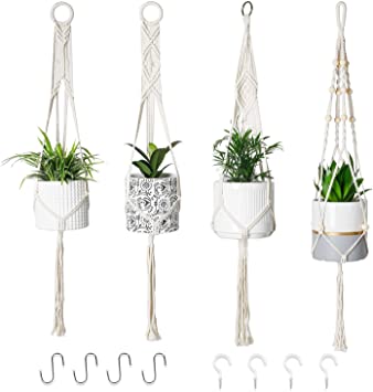 POTEY 640901 Macrame Plant Hangers - Hanging Planters with 8 Hooks, Handmade Cotton Rope Hanging Plant Holder Basket Indoor with Wood Beads for Boho Home Decor 4 Pack 40inch,Ivory