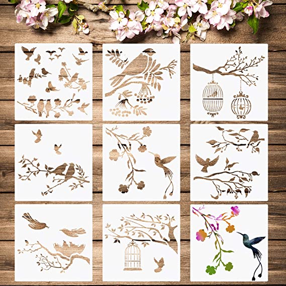 8 Pieces Birds Stencils Bird Tree Branches Stencil Flying Bird Painting Template Stencil Bird Flower Leaf Drawing Reusable Stencil for Paint Craft Wall DIY Nature Home Decor Wood Sign (9 x 9 Inch)