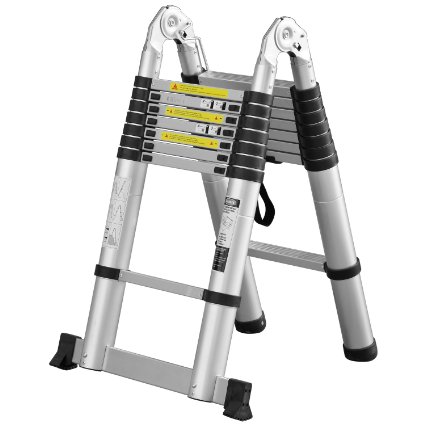 Ollieroo® 16.5ft EN131 Portable A-type Aluminum Telescopic Extension Ladder with Spring Loaded Locking Mechanism Non-slip Ribbing, 330lb Capacity
