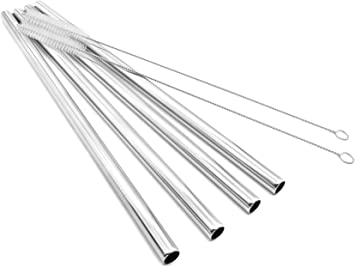 GFDesign Large Drinking Straws Set 12" Extra Long 1/2" Extra Wide Reusable 304 Food-Grade 18/8 Stainless Steel for Frozen Drinks Smoothies and Shakes - Set of 4 with 2 Large Cleaning Brushes