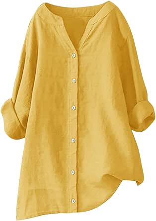 Cotton Linen Shirts for Women 2024 Button Up V Neck Long Sleeve Shirt Trendy Oversized Solid Color Tops Dressy Blouse